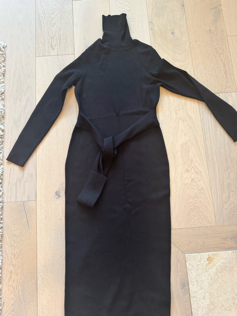 Black Knit Turtleneck Midi Dress with Belt